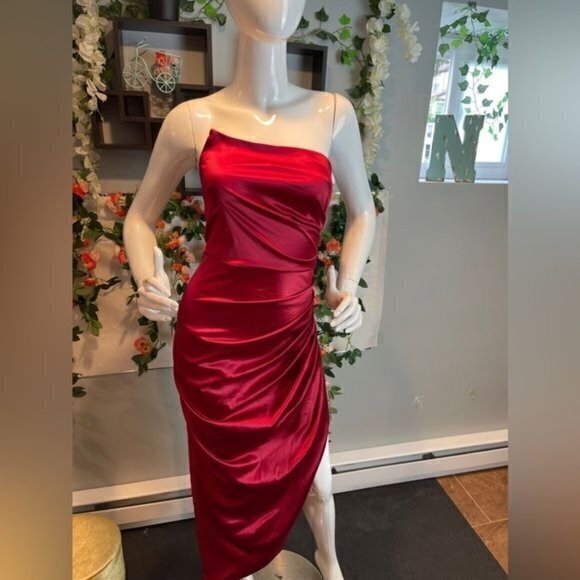 Strapless Asymmetrical Corset Satin Evening Dress One shoulder Red M RfI036-2 - Picture 7 of 11
